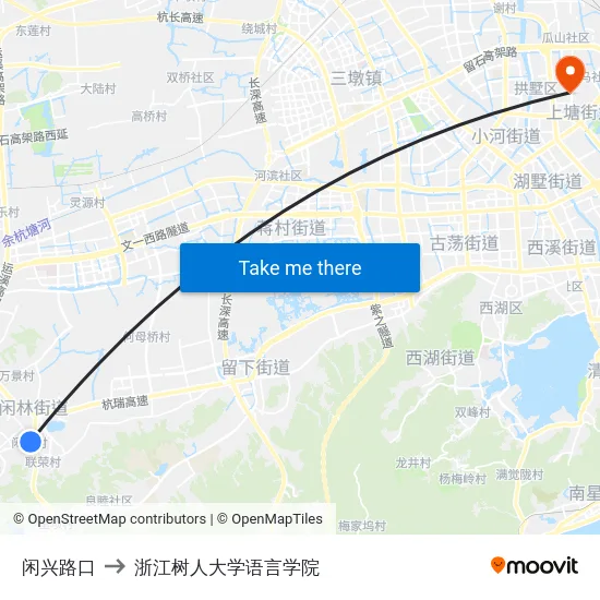 闲兴路口 to 浙江树人大学语言学院 map