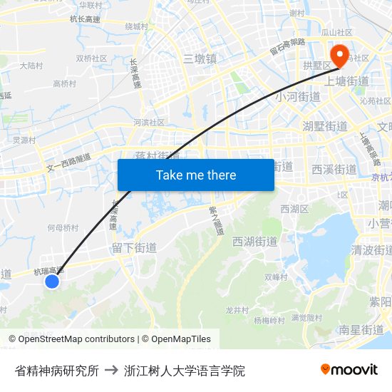 省精神病研究所 to 浙江树人大学语言学院 map