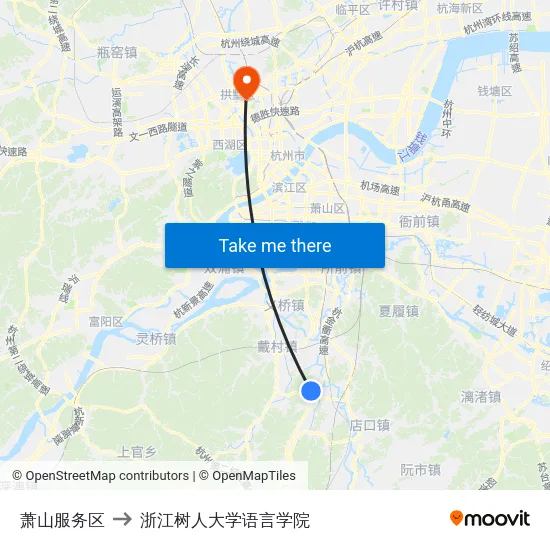 萧山服务区 to 浙江树人大学语言学院 map