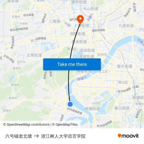 六号铺老北塘 to 浙江树人大学语言学院 map
