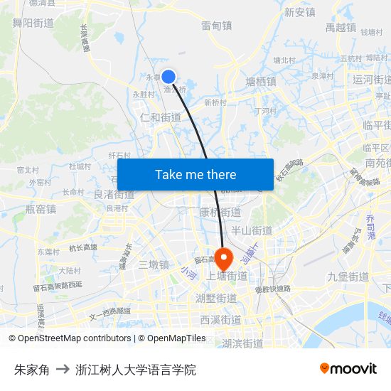 朱家角 to 浙江树人大学语言学院 map