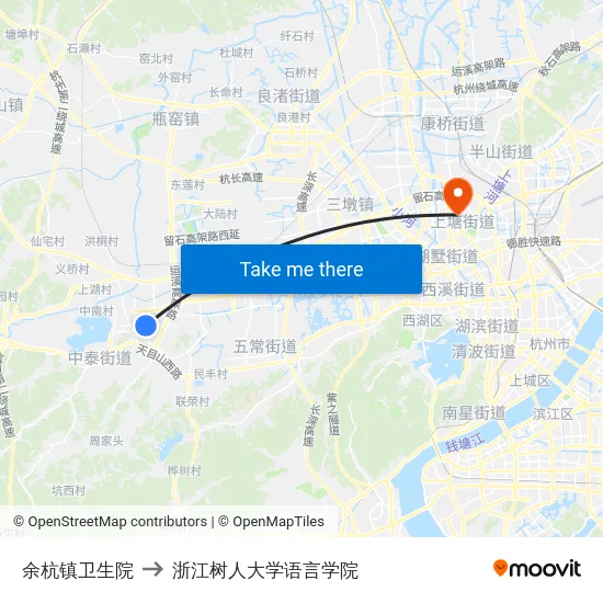 余杭镇卫生院 to 浙江树人大学语言学院 map