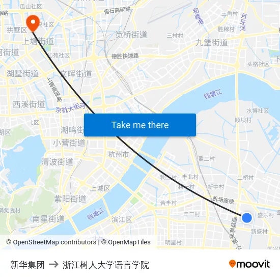 新华集团 to 浙江树人大学语言学院 map