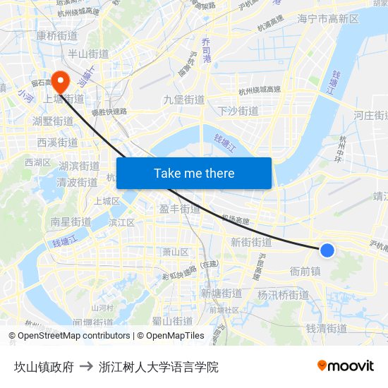 坎山镇政府 to 浙江树人大学语言学院 map