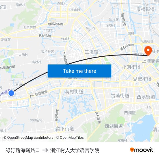 绿汀路海曙路口 to 浙江树人大学语言学院 map