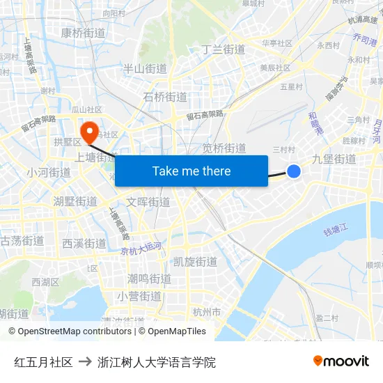 红五月社区 to 浙江树人大学语言学院 map