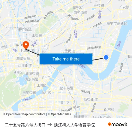 二十五号路六号大街口 to 浙江树人大学语言学院 map