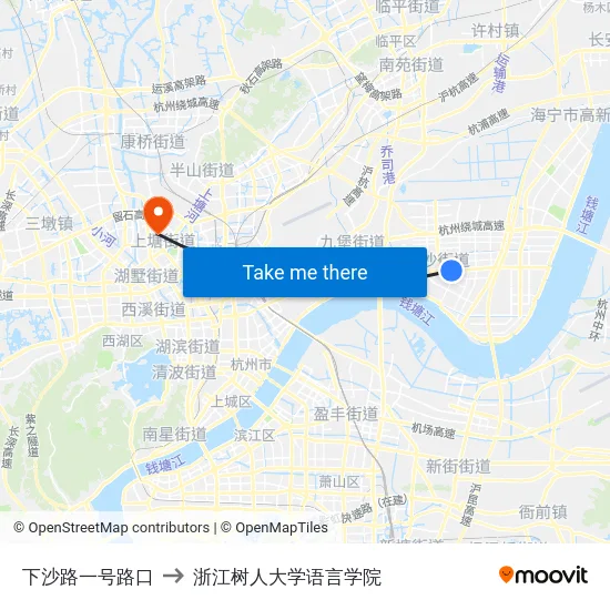 下沙路一号路口 to 浙江树人大学语言学院 map