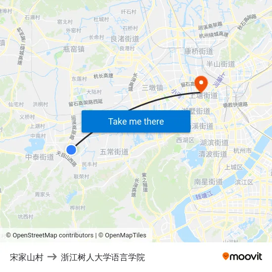 宋家山村 to 浙江树人大学语言学院 map