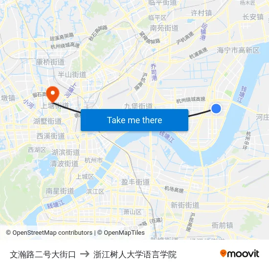 文瀚路二号大街口 to 浙江树人大学语言学院 map