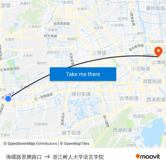 海曙路景腾路口 to 浙江树人大学语言学院 map