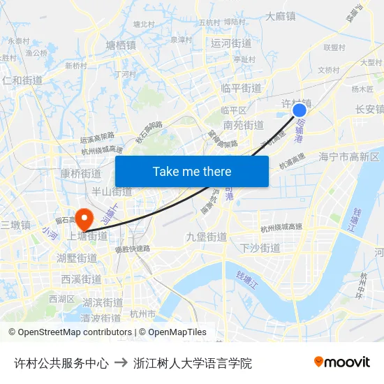 许村公共服务中心 to 浙江树人大学语言学院 map
