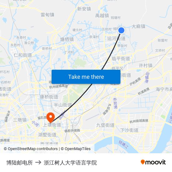 博陆邮电所 to 浙江树人大学语言学院 map