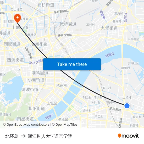 北环岛 to 浙江树人大学语言学院 map