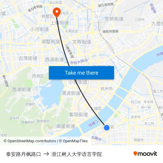 泰安路丹枫路口 to 浙江树人大学语言学院 map