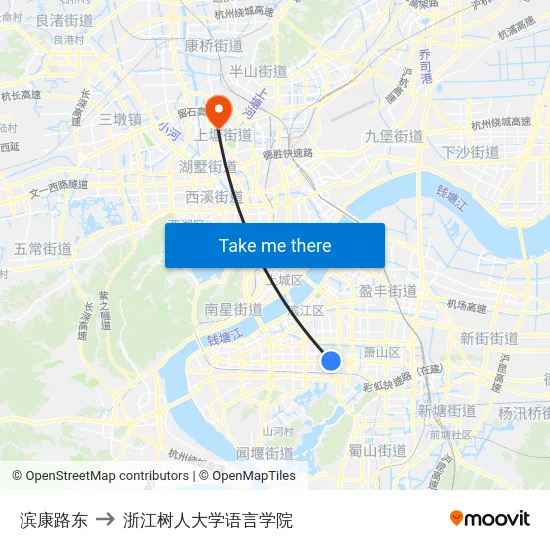 滨康路东 to 浙江树人大学语言学院 map