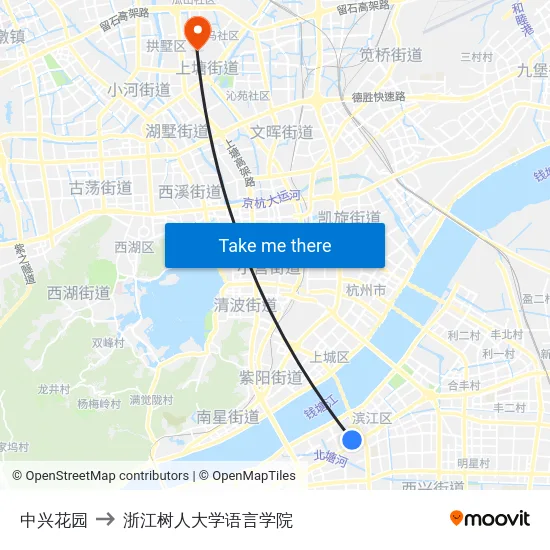 中兴花园 to 浙江树人大学语言学院 map