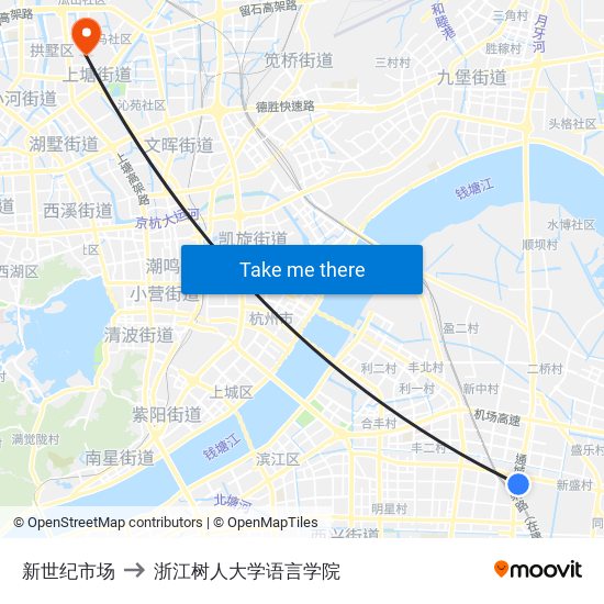 新世纪市场 to 浙江树人大学语言学院 map