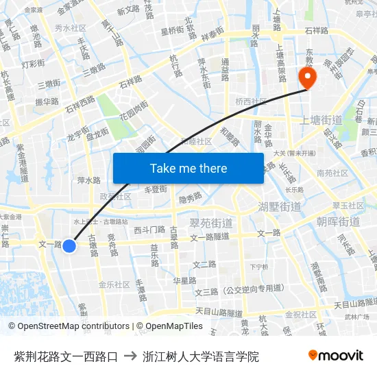 紫荆花路文一西路口 to 浙江树人大学语言学院 map