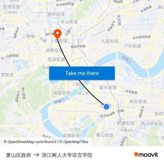 萧山区政府 to 浙江树人大学语言学院 map
