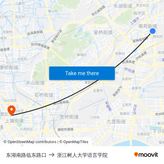 东湖南路临东路口 to 浙江树人大学语言学院 map