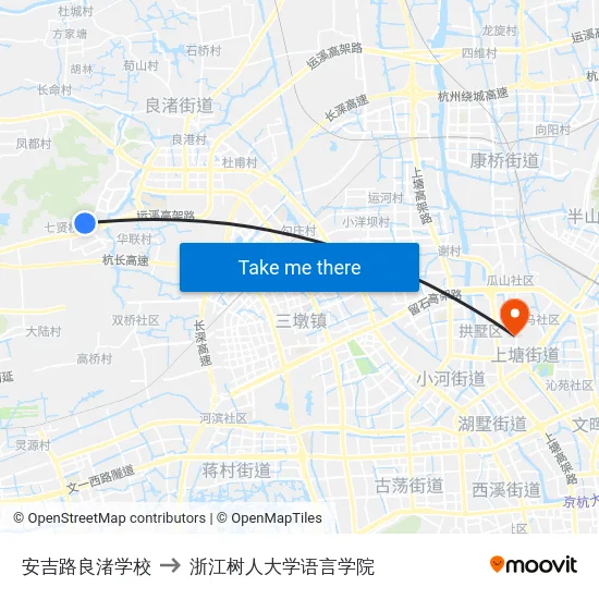 安吉路良渚学校 to 浙江树人大学语言学院 map
