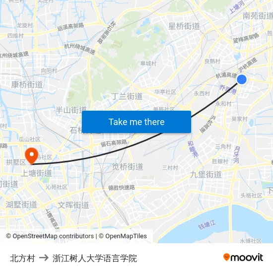 北方村 to 浙江树人大学语言学院 map