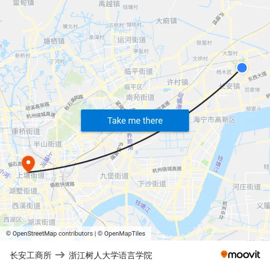 长安工商所 to 浙江树人大学语言学院 map