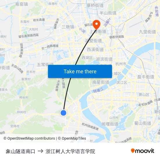 象山隧道南口 to 浙江树人大学语言学院 map