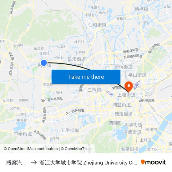 瓶窑汽车站 to 浙江大学城市学院 Zhejiang University City College map