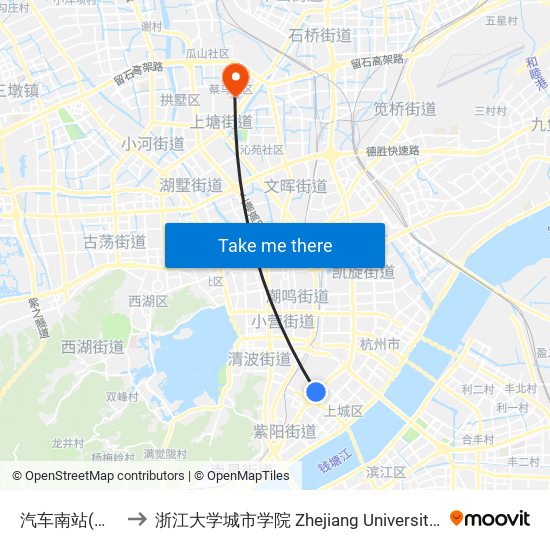 汽车南站(秋涛路) to 浙江大学城市学院 Zhejiang University City College map