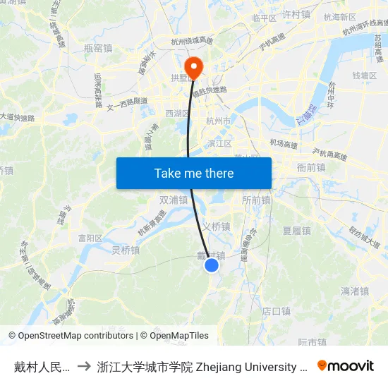戴村人民路东 to 浙江大学城市学院 Zhejiang University City College map