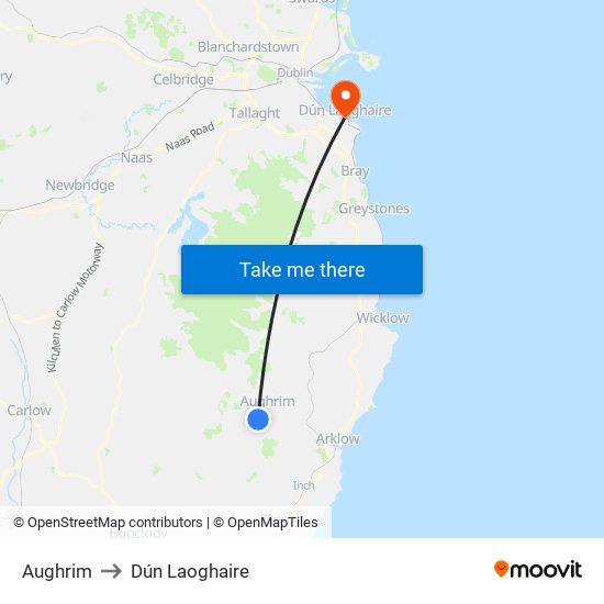 Aughrim to Dún Laoghaire map