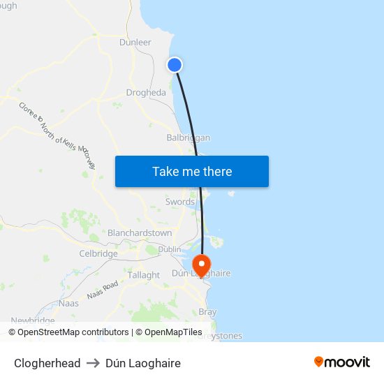 Clogherhead to Dún Laoghaire map