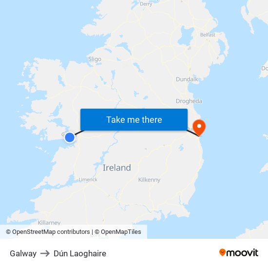 Galway to Dún Laoghaire map