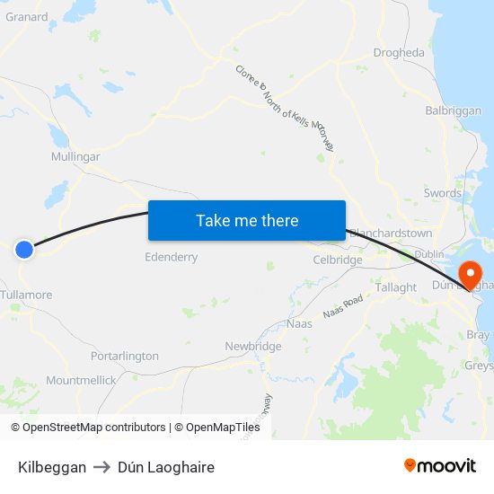 Kilbeggan to Dún Laoghaire map