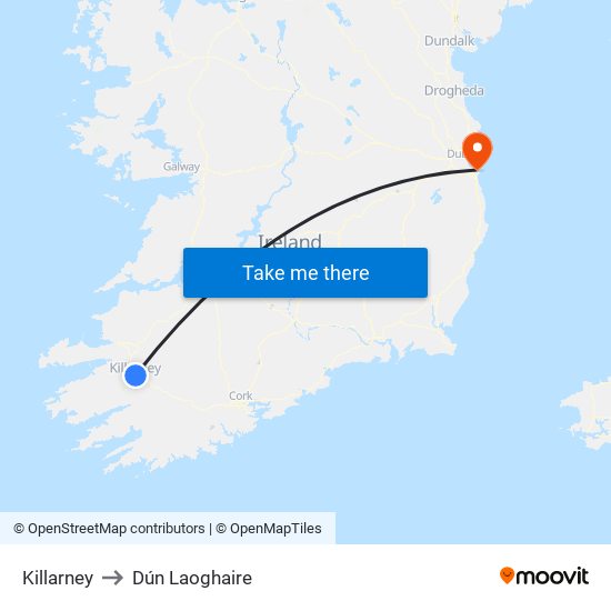 Killarney to Dún Laoghaire map