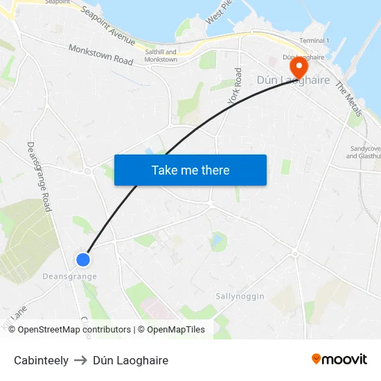 Cabinteely to Dún Laoghaire map