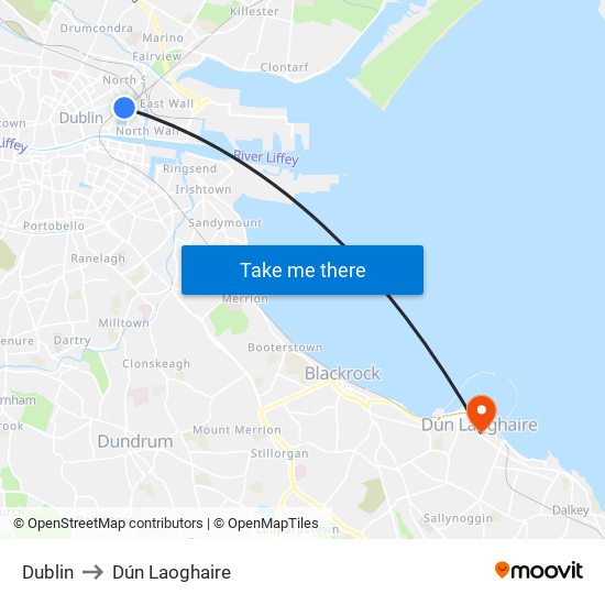 Dublin to Dún Laoghaire map