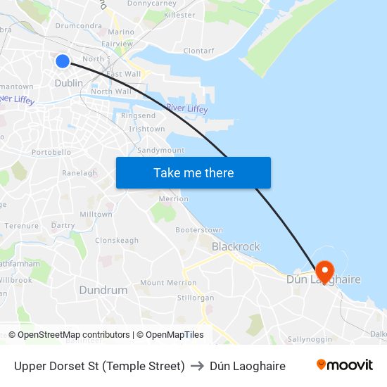 Upper Dorset St (Temple Street) to Dún Laoghaire map