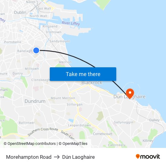 Morehampton Road to Dún Laoghaire map