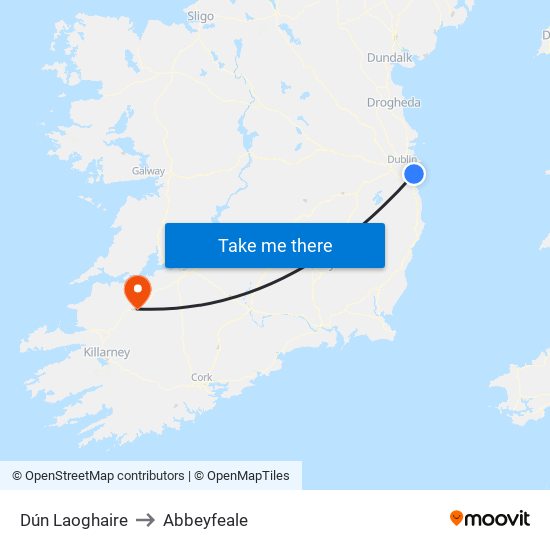 Dún Laoghaire to Abbeyfeale map