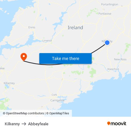 Kilkenny to Abbeyfeale map