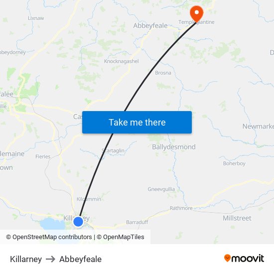 Killarney to Abbeyfeale map