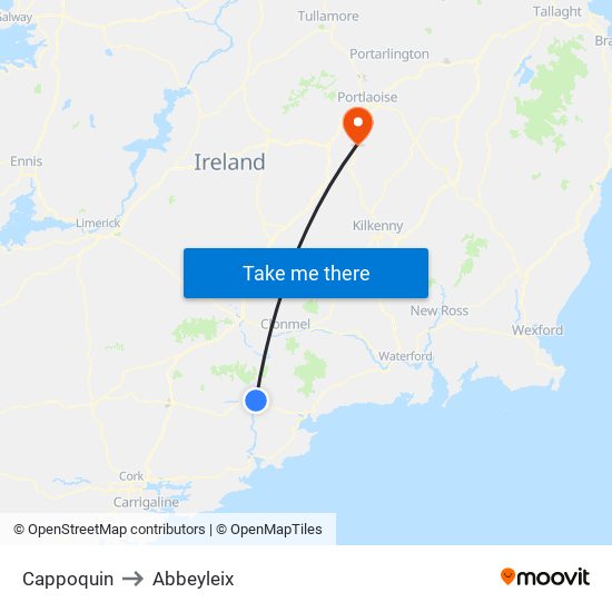 Cappoquin to Abbeyleix map