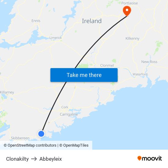 Clonakilty to Abbeyleix map
