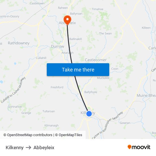Kilkenny to Abbeyleix map