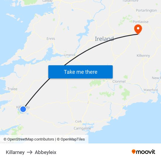 Killarney to Abbeyleix map