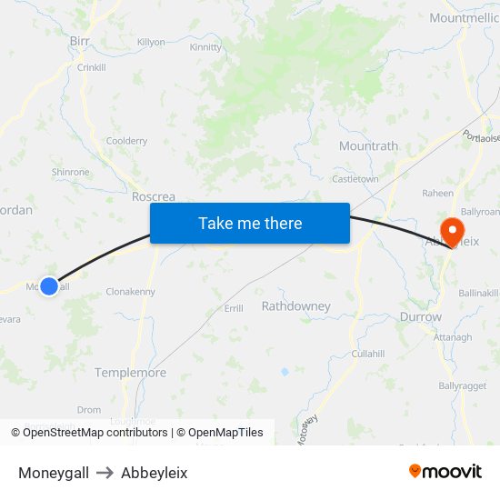 Moneygall to Abbeyleix map