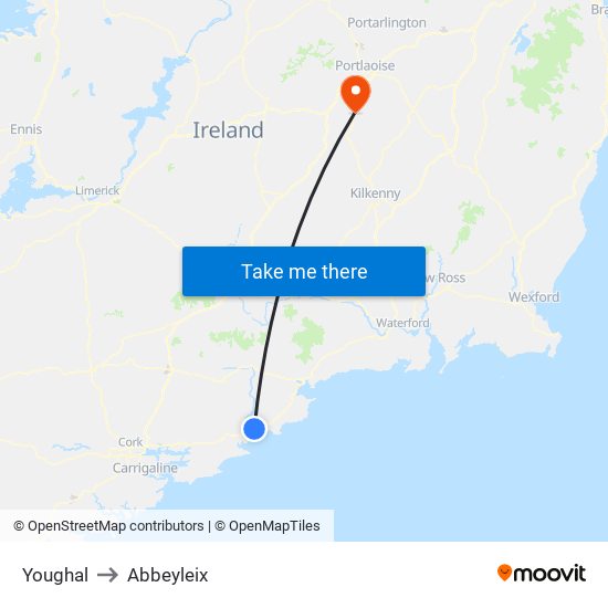 Youghal to Abbeyleix map